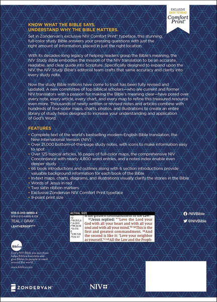 NIV Study Bible, Fully Revised Edition, Comfort Print, Teal/Gray, Leathersoft