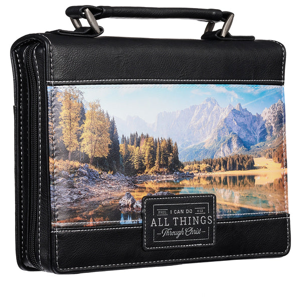 Through Christ Scenic Mountain Black Faux Leather Classic Bible Cover - Philippians 4:13 - Large