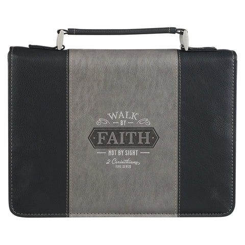 Walk by Faith Black and Gray Faux Leather Classic Bible Cover - 2 Corinthians 5:7
