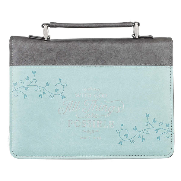 Bible Cover - All Things Are Possible Classic Faux Leather in Light Blue - Matthew 19:26