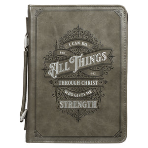 All Things Filigree Gray Faux Leather Classic Bible Cover - Philippians 4:13 - Large