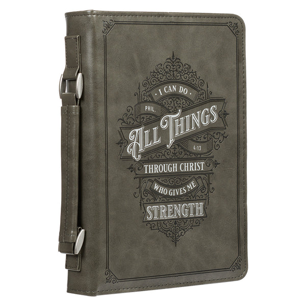 All Things Filigree Gray Faux Leather Classic Bible Cover - Philippians 4:13 - Large