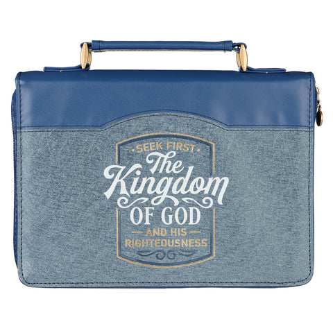 The Kingdom of God Two-tone Blue Faux Leather Fashion Bible Cover - Matthew 6:33 - Large